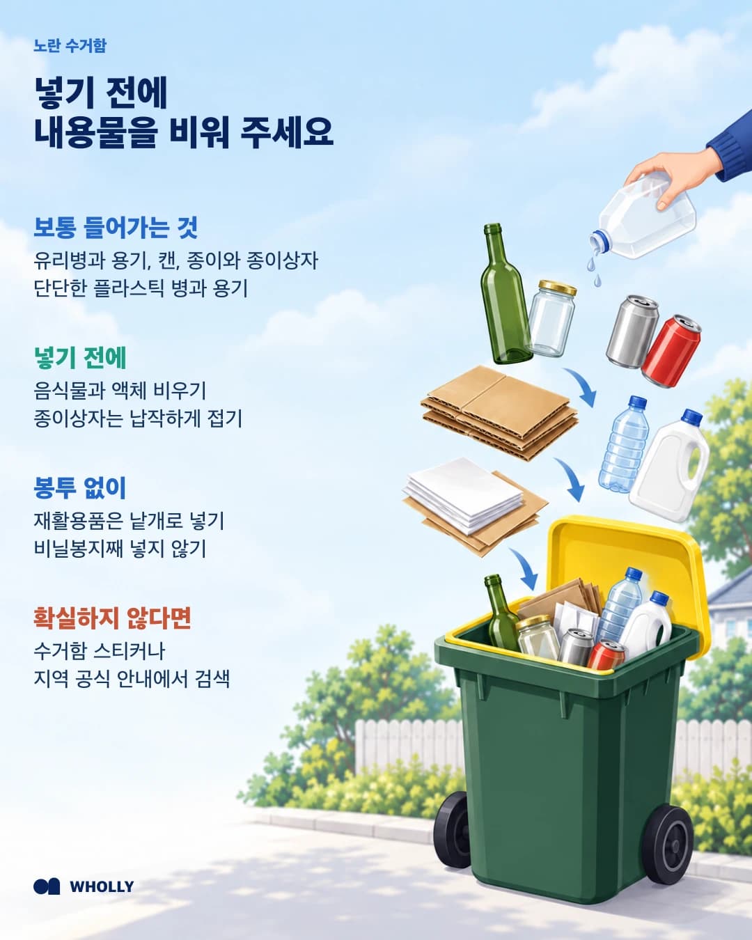 노란 수거함의 일반적인 허용 품목과 내용물 비우기·상자 접기·낱개 배출 방법