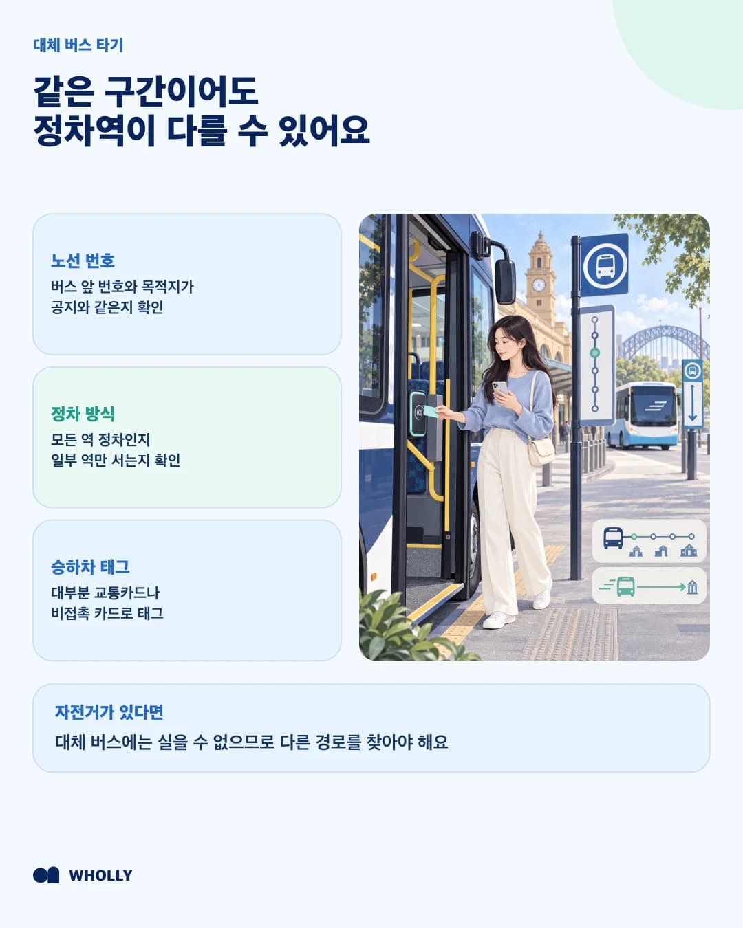 대체 버스의 번호와 정차역 및 승하차 태그를 확인하는 방법